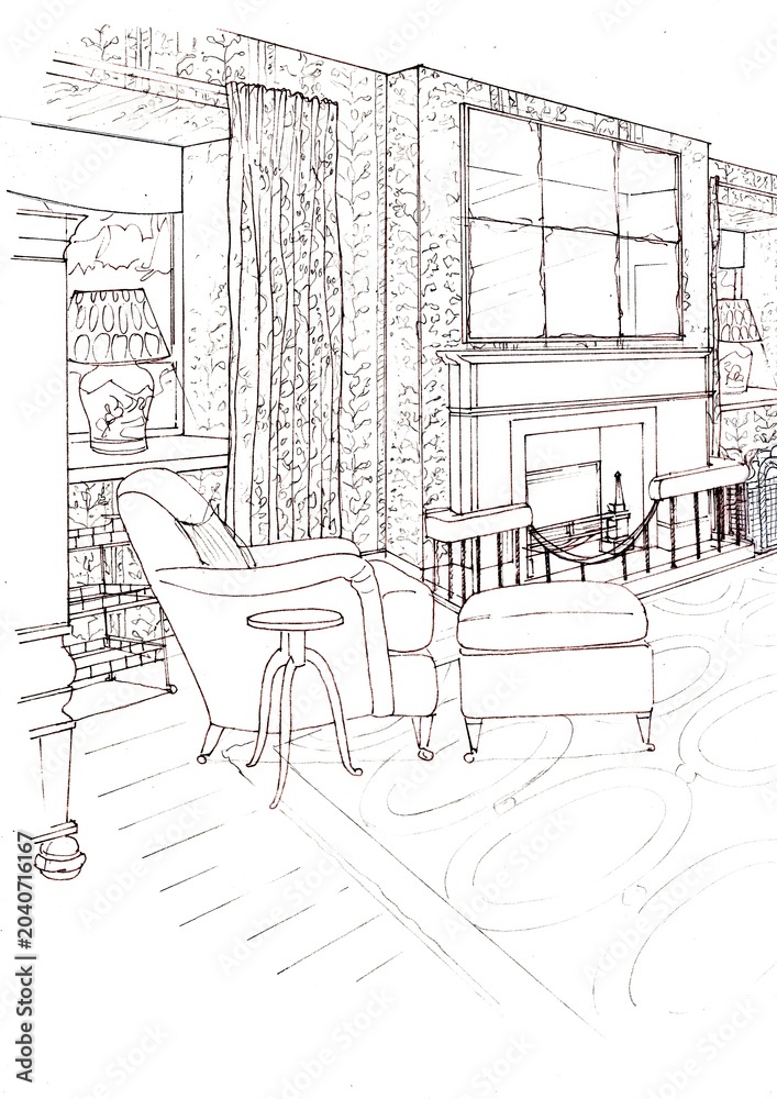 Fototapeta premium Hand drawn black and white interior sketch of a lounge in pen and ink.