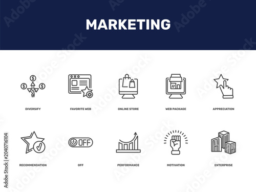 Foto marketing icon set with diversify, favorite web, online store, web package signs