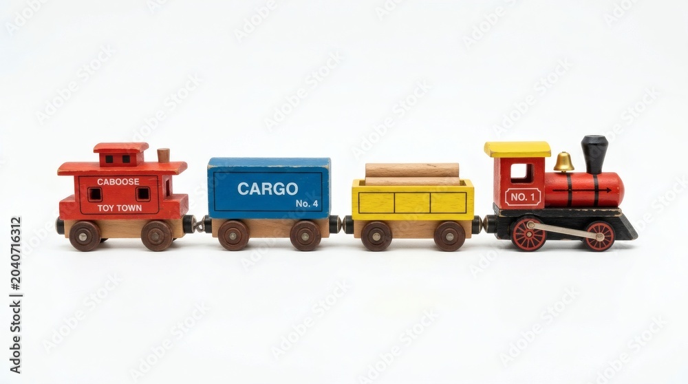 Naklejka premium A toy train set with a red engine, a blue cargo car, a yellow flatbed car, and a red caboose, all on a white background