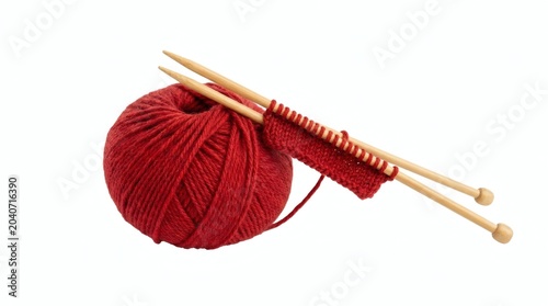 A bright red ball of yarn with wooden knitting needles and a swatch of knitted fabric.