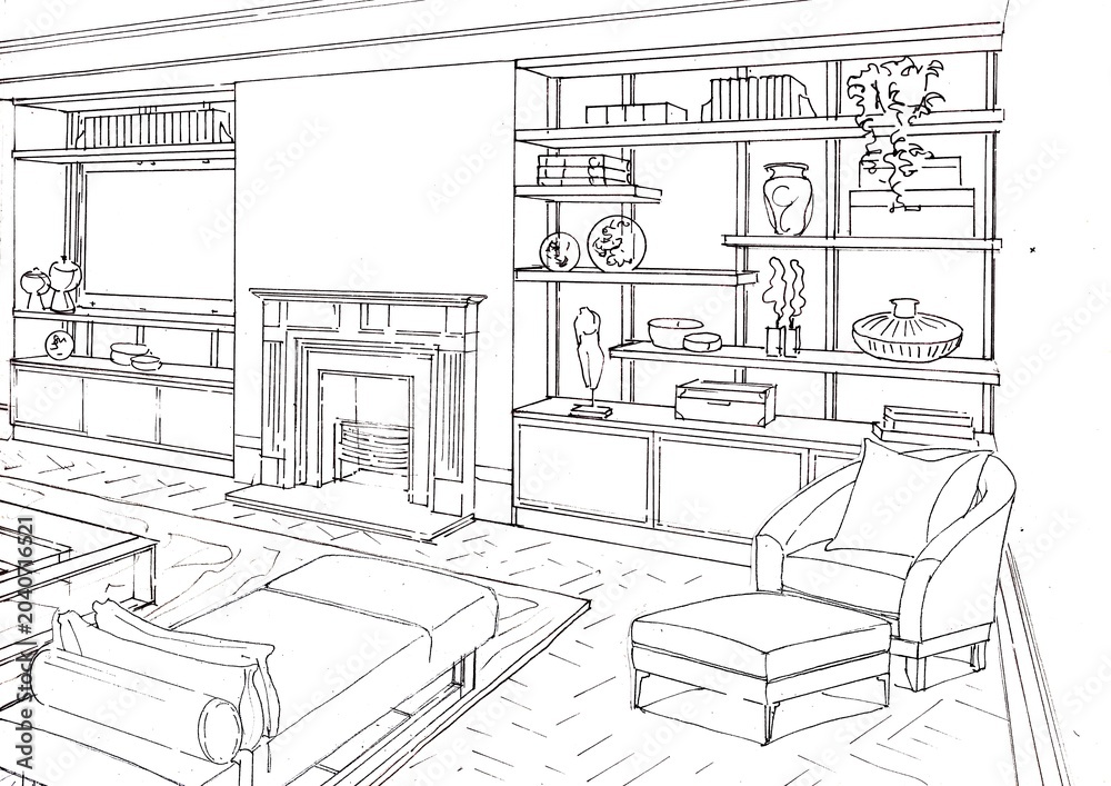 Fototapeta premium Hand drawn black and white interior sketch of a lounge in pen and ink.