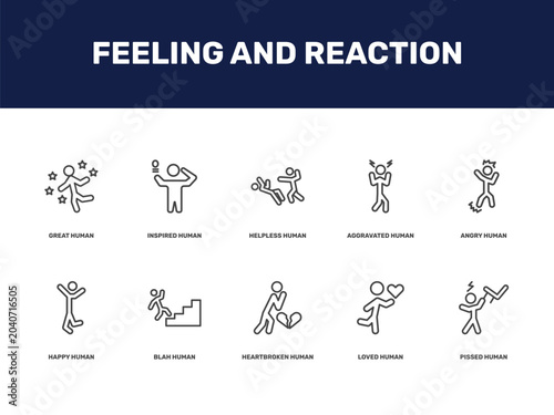 Foto feeling and reaction icon set with great human, inspired human, helpless human,
