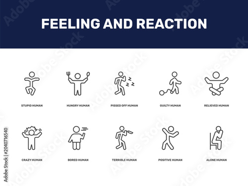 Fotografía feeling and reaction icon set with stupid human, hungry human, pissed off human,