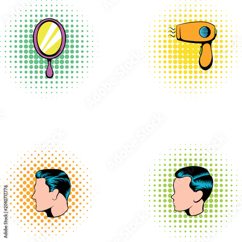 Pop art comic style icons depicting barbershop services and male grooming