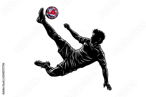Fotografía Dynamic silhouette of a soccer player executing a powerful overhead kick featuri