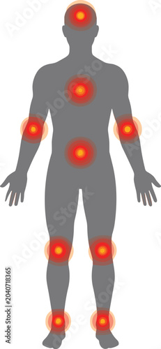 Canvas Print Human body silhouette with highlighted pain points for medical illustration