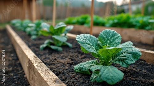 Sunlit Backyard Vegetable Garden With Healthy Leafy Crop Rows
