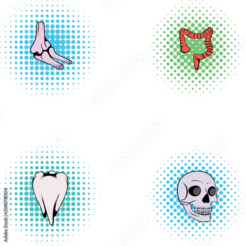 Set of human anatomy icons in a comic pop art style showing vital organs and bones