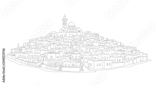 Ancient City Sketch - Historic Jerusalem Skyline with Dome and Minaret