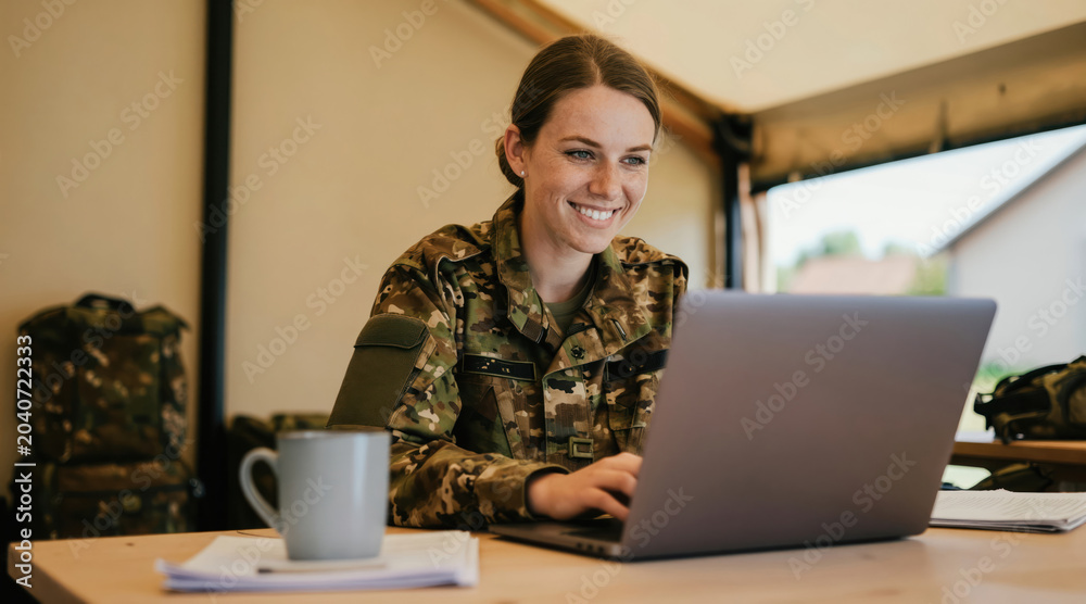 Naklejka premium Smiling German soldier works on laptop inside tent camp. Female officer uses computer for operations. Pro woman in army uniform on duty with gear in background.