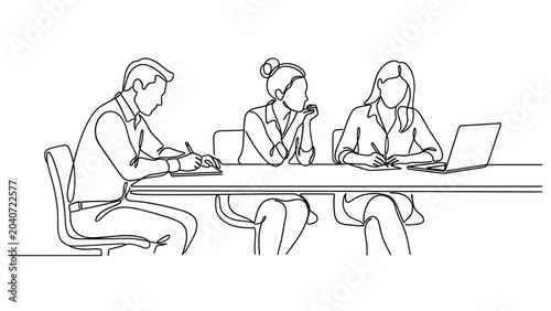 Continuous one line drawing of a business meeting with three colleagues working together.