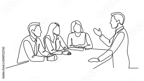 Continuous one line drawing of a group of business people having a meeting.