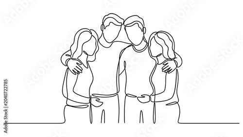 Foto Continuous line drawing of four young friends standing together.