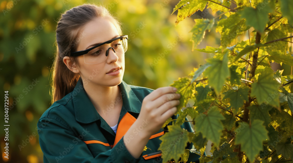 Fototapeta premium Woman horticulturist in protective glasses examines grape leaves in vineyard during sunny day. Female gardener checks plant health in agricultural field. Person works on organic farm.