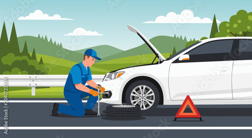 Tableau sur toile Roadside Assistance Vector Illustration of a Mechanic Changing a Flat Tire on a