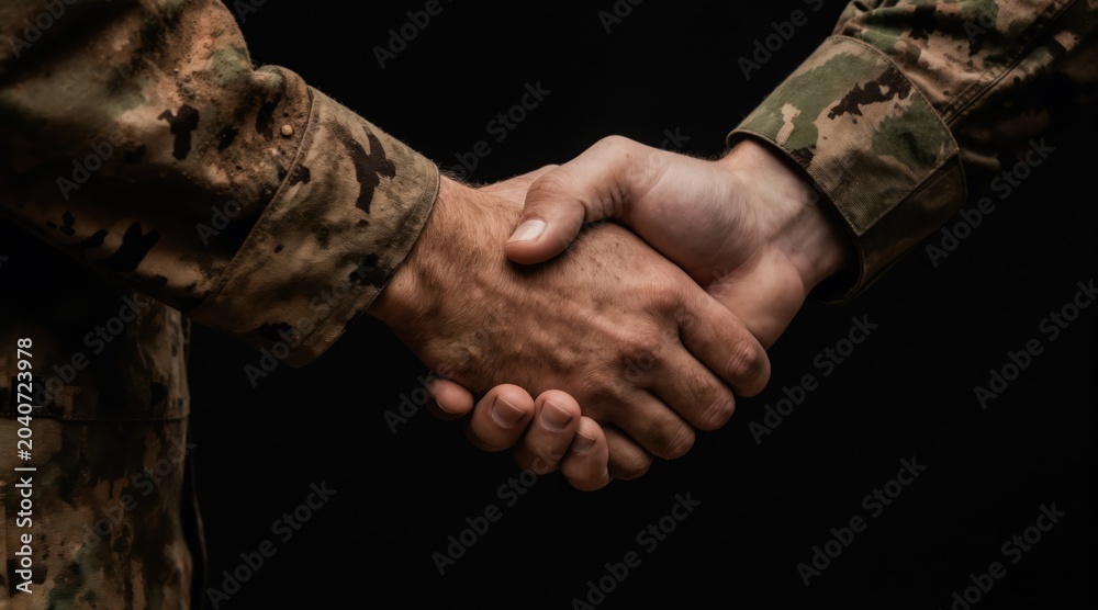 Obraz premium Two soldiers in dirty camouflage uniforms shake hands against dark background. Symbolizing trust unity and mutual respect after combat. Illustrates army brotherhood camaraderie and support in war.