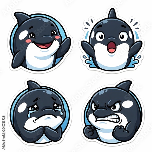 Cute Orca Killer Whale Character Sticker Set with Diverse Moods