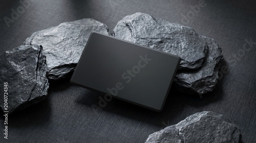 Minimalist black business card mockup on natural slate rocks, premium matte card template on dark stone background, elegant branding stationery display