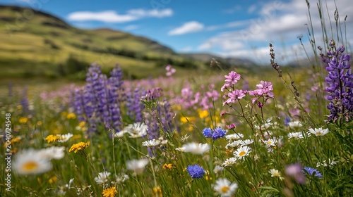 Vibrant Wildflower Meadow in Full Bloom with Rolling Hills Under a Blue Sky.
