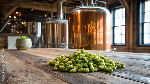 Pile of fresh hops on a rustic wooden table in a brewery with copper tanks in the background.
