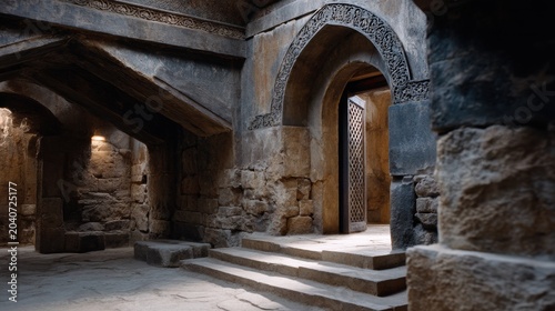 The interior of a very old building with heavy stone construction. In the foreground are three stone steps leading to an open arch on the right, with a wooden door with a geometric lattice pattern.
