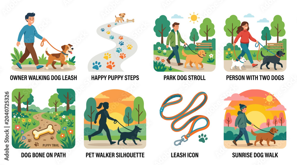 Fototapeta premium Vector set of people walking dogs in various outdoor environments with pets on leashes