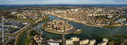 Cuadro en lienzo Aerial panorama view beside the old town around the city Chalon-sur-Saône in France on a sunny spring day