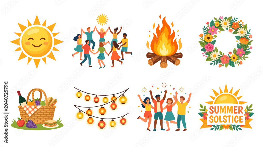 Fototapeta premium Vector set of summer solstice icons including sun, people dancing, campfire, wreath, picnic basket, lanterns, and celebratory elements