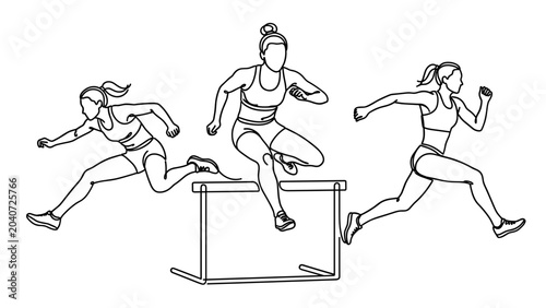 Foto Continuous line drawing of female athletes hurdling on track.