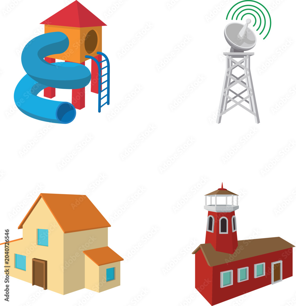 Obraz premium Set of various architectural assets and a communication tower, rendered in isometric style
