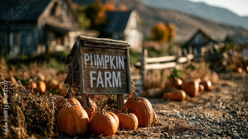 Focus on a pumpkin farm sign, aged wood, with pumpkins at its base and rolling hills beyond, agricultural theme