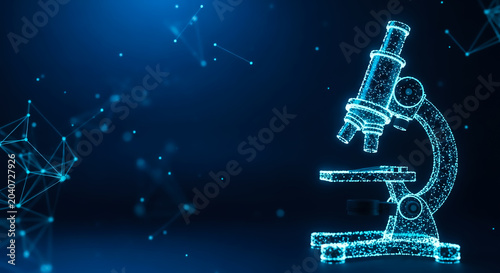 A futuristic glowing microscope vector illustration on a dark blue background with geometric shapes and abstract particles.
