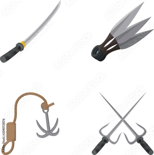 Tableau sur toile Collection of traditional ninja weapons, including katana, kunai, sai, and grapp