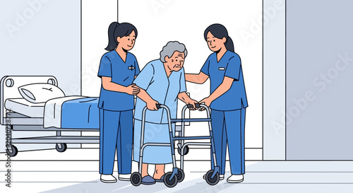 Nurses Assisting Elderly Woman with Walker in Hospital Room