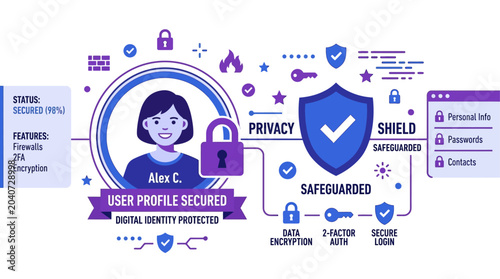 Abstract vector illustration depicting robust digital privacy and user profile security, featuring data encryption and multi-factor authentication for online protection