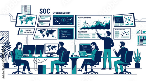 Vector illustration of a cybersecurity team monitoring network threats in a Security Operations Center, analyzing data on multiple screens for robust digital protection