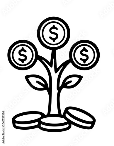 Money tree growing dollar coins for financial investment concept