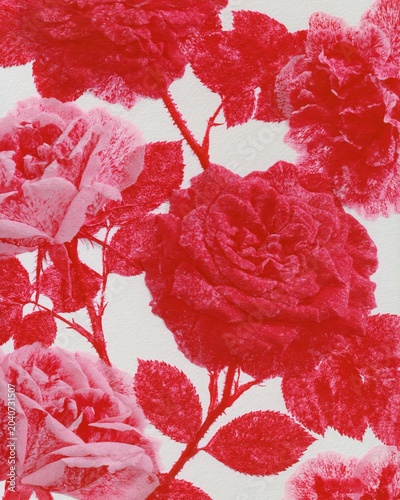 Abstract floral background featuring red and pink roses with green leaves on a textured white surface, ideal for design and decorative purposes