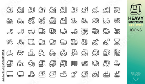 Heavy Equipment and Trucks Line Icons Set. Set of Special Equipment - Crawler Excavator, Bulldozer, Backhoe Loader, Grader, Dump Truck, Wheel Loader, Crane, Forklift, Road Construction Machines icon