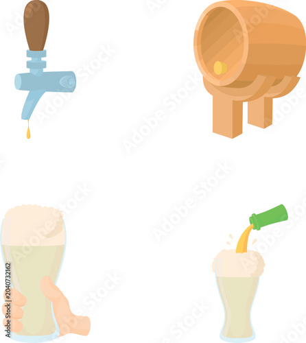 Four cartoon icons illustrating beer production, dispensing, and consumption