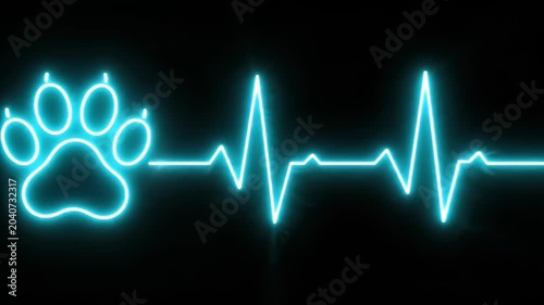 Abstract Glowing Neon Turquoise Paw Print with Heartbeat Monitor Line on a Dark Background Animated Loop