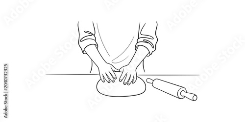 Tableau sur toile Person kneading dough with rolling pin on table, illustration