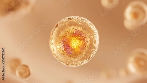 Abstract Glowing Orange And Yellow Single Cell Organism In Center With Blurred Cells On Beige Background Macro View