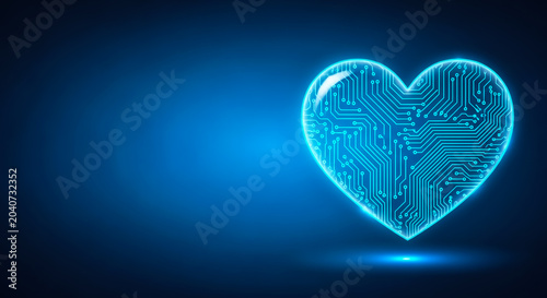 A glowing digital heart with intricate circuit patterns, symbolizing love and technology, set against a sleek blue backdrop.