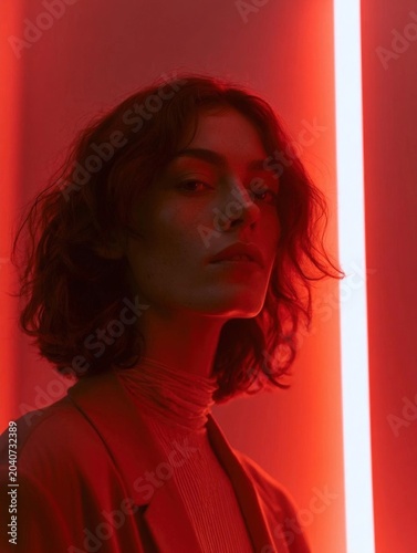 Portrait of a young woman with shoulder-length curly hair. she is standing in front of a red background with a neon light shining on her face.