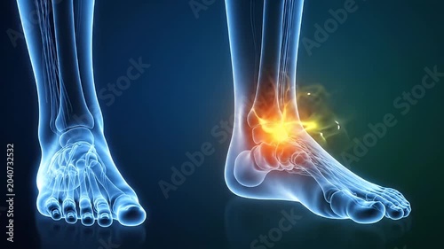 X Ray Scan Of Human Feet Showing Ankle Pain Against Blue Background Medical Illustration With Orange Glow Highlight