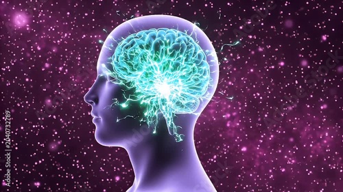 Abstract Profile View Of Human Head With Glowing Blue Brain Activity On A Purple Particle Background