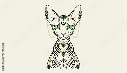 Elegant sphynx cat portrait decorated with gold jewelry and intricate black tattoo patterns featuring green eyes and piercings.