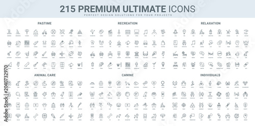 Fotografia Hobby and sport for vacation, pet care and veterinary kit, individual and group line icon set