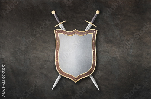 gold shield and two swords on grunge background